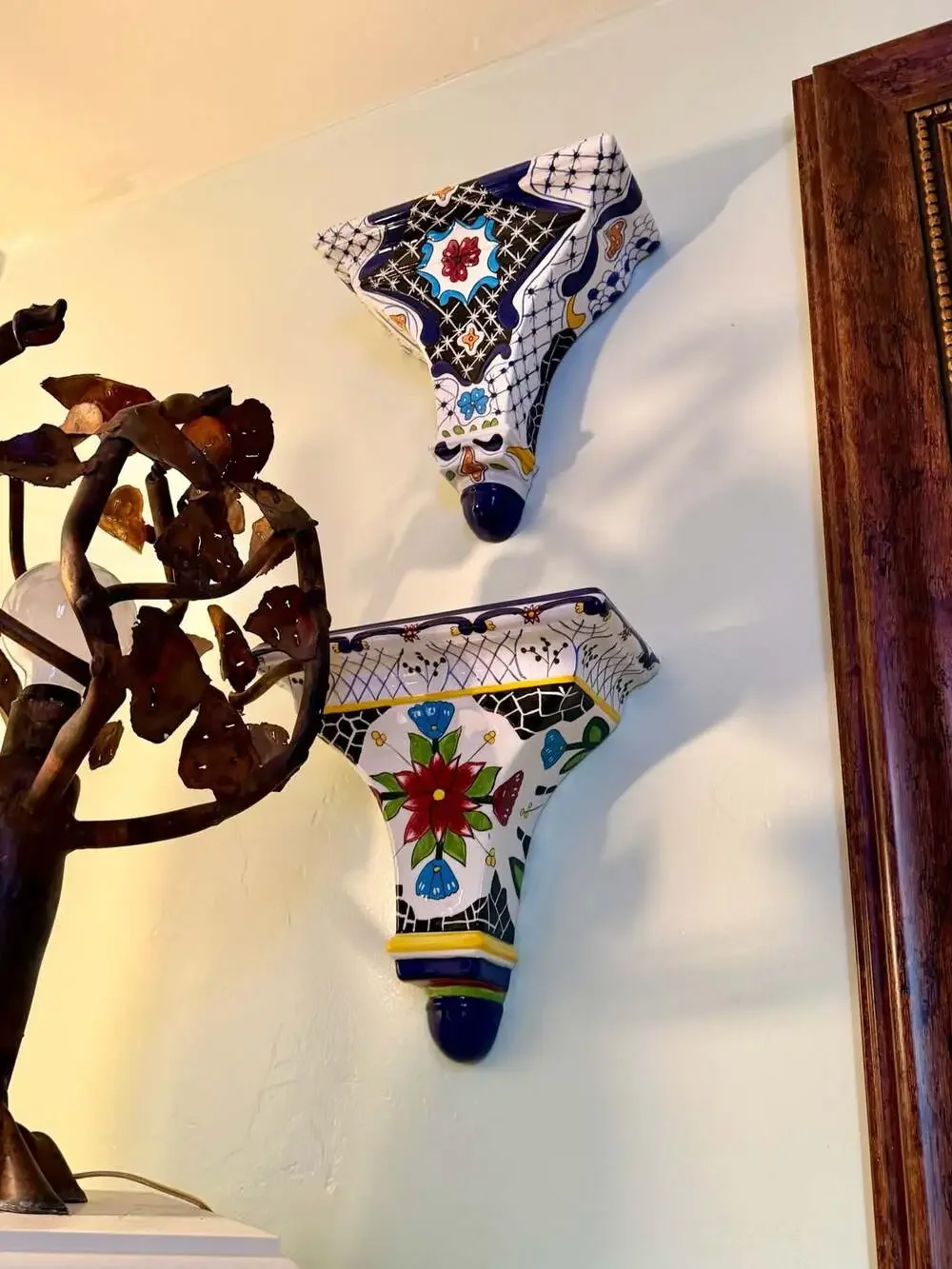 Mexican Talavera Hand Painted Ceramic Wall Shelf Sconce